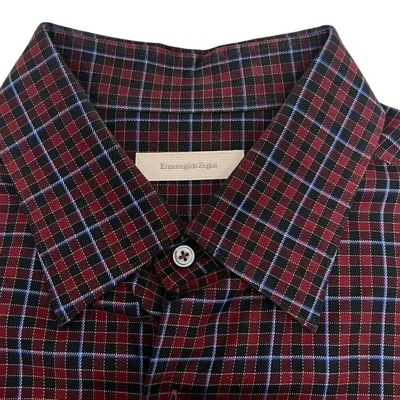 Ermenegildo Zegna Casual Button Down Shirt Red With Blue Plaid Italy Size XXL - Picture 6 of 9
